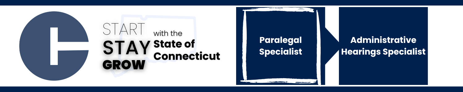 This image shows a career progression pathway within the State of Connecticut: starting with Paralegal Specialist (highlighted to indicate the current opening) and ending with Administrative Hearings Specialist.